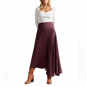 NWT Ted Baker Terra Asymmetric Textured Satin Skirt Burgundy